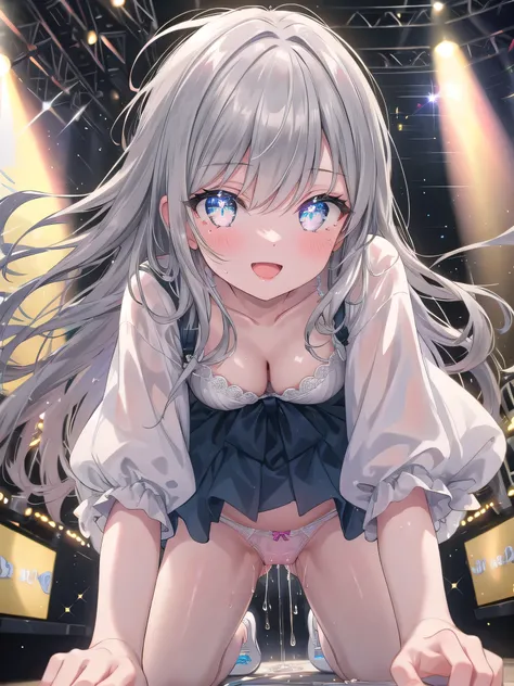 (8K, Highest quality, Masterpiece:1.3)), Ultra high quality, (1 girl, 1 person), (Color changing eyes, Ultra detailed, Expressive glow, Sparkling eyes), Very detailed eyes, Very detailed face, Random hair, (Silver gray color), Exposed, On all fours, Idol, ...