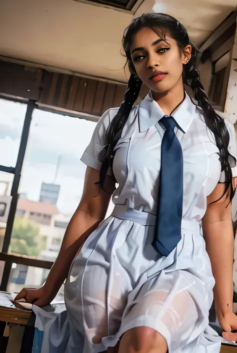 raw photo , 1 girl  , frock and color tie, white shoes ,sri lanka teen school girl,hour glass body shape, raining, drenched, soa...