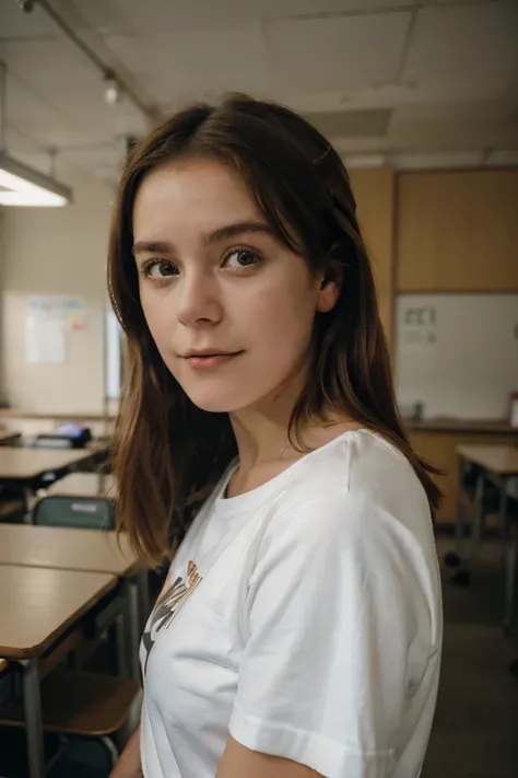 35mm, Fuji Superia 1600, ISO-3200, f/22, -2, 1/500, a portrait of (sks woman:1.2) wearing a t-shirt , in a classroom.