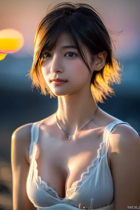 (Hyper Reality: 1.35), (Realistic: 1.4), A beautiful Japanese woman, smile, alone. (((No makeup))), masterpiece, 最high quality, high quality, alone, Very good, puberty, Only one girl, Well-trained slim body, muscular, slim body, breasts apart,  ((large bre...