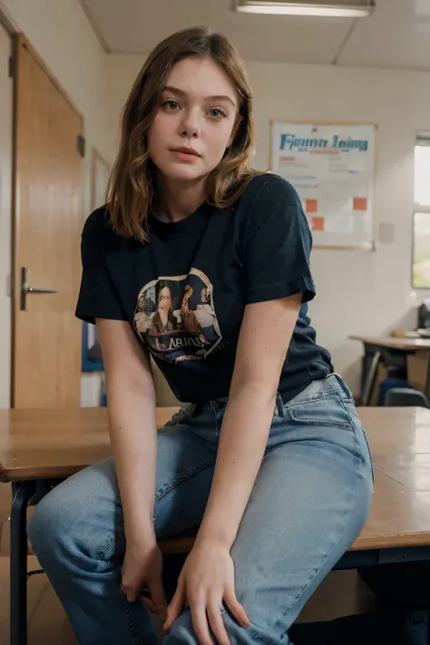 35mm, Fuji Superia 1600, ISO-3200, f/1.2, -2, 1/500, a portrait of (ell3fann1ng:1) wearing a t-shirt, jeans and keds, in a classroom, sitting on her desk, looking at the camera and making a seductive face.