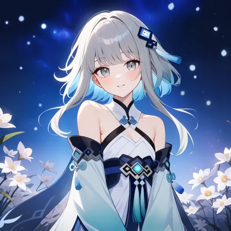 1girl, guizhong_(genshin_impact),(grey hair),short_hair_with_long_locks in front and low ponytail in back,(pale grey eyes with seafoam gradient),starry_sky_print,detached_sleeves white outside blue starry inside, hands completely hidden by long sleeves,stu...