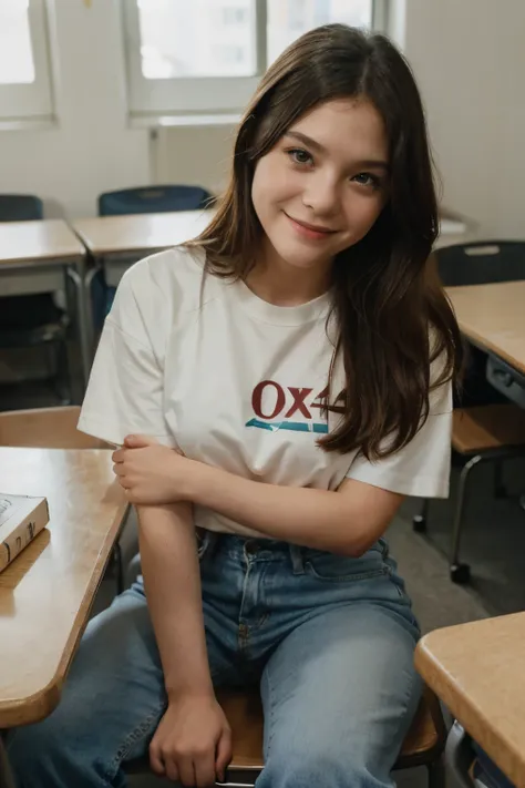 35mm, Fuji Superia 1600, ISO-3200, f/1.2, -2, 1/500, a portrait of (ell3fann1ng:1) wearing a t-shirt, jeans, in a classroom, sitting on her desk, against the window looking at the camera and making a seductive face. there are 2girls on her side, smiling at...