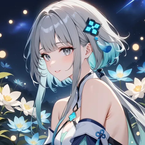 1girl, guizhong_(genshin_impact),(grey hair),short_hair_with_long_locks in front and low ponytail in back,gradient_hair,(pale grey eyes with seafoam gradient),starry_sky_print,detached_sleeves white outside blue starry inside, hands completely hidden by lo...