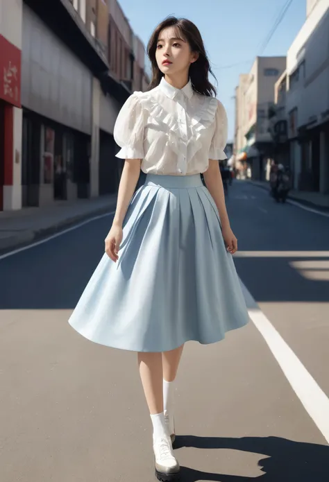 (masterpiece), (Highest quality), (Very detailed), (Best Shadow), (Photorealistic:1.4), Frilled blouse, skirt, white ankle socks, A long shot of a woman walking slowly