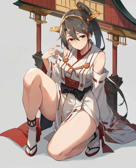 masterpiece, Highest quality, Highest quality, Official Art,full body,ponytail,Shrine maiden,20-year-old,Attractive woman,Kantai Collection,Haruna,