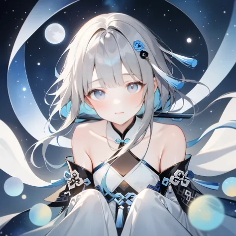 score_9, score_8_up, score_7_up, score_6_up,1girl, guizhong_(genshin_impact),(grey hair),short_hair_with_long_locks in front and low ponytail in back,gradient_hair,(pale grey eyes with seafoam gradient),starry_sky_print,detached_sleeves white outside blue ...