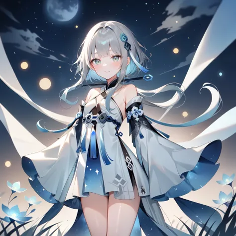 score_9, score_8_up, score_7_up, score_6_up,1girl, guizhong_(genshin_impact),(grey hair),short_hair_with_long_locks in front and low ponytail in back,gradient_hair,(pale grey eyes with seafoam gradient),starry_sky_print,detached_sleeves white outside blue ...