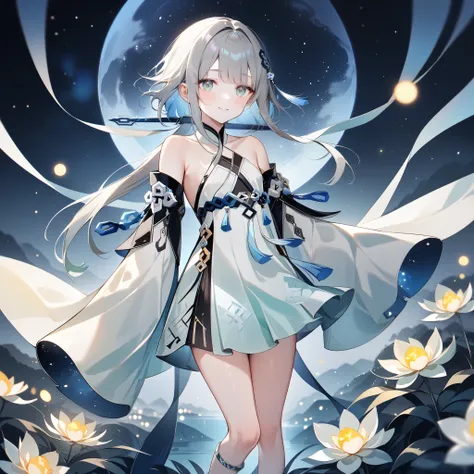 score_9, score_8_up, score_7_up, score_6_up,1girl, guizhong_(genshin_impact),(grey hair),short_hair_with_long_locks in front and low ponytail in back,gradient_hair,(pale grey eyes with seafoam gradient),starry_sky_print,detached_sleeves white outside blue ...