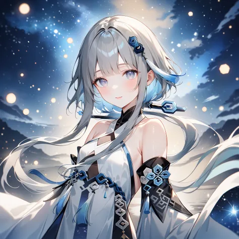 score_9, score_8_up, score_7_up, score_6_up,1girl, guizhong_(genshin_impact),(grey hair),short_hair_with_long_locks in front and low ponytail in back,gradient_hair,(pale grey eyes with seafoam gradient),starry_sky_print,detached_sleeves white outside blue ...