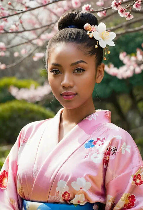 front view , (standing on garden),  looking at viewer, a american black  girl,  beautiful american black young  girl is 30 years...