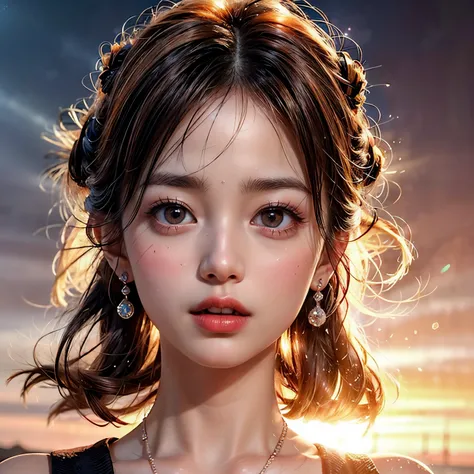 VolumetricLighting (Acutance:0.85), (Masterpiece of 8K UltraDetailed(ProfessionalPhoto:1.37)), Tiny KAWAII Girl Stroll the Sea wearing tube-top dress EveningBeach colorful sky (Orange rays illuminating face, close-up:1.4) (Kissing to Camera), Gust of wind ...