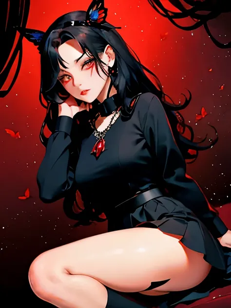 Expressionless,,(Dark Fantasy),((Wonderful Illustration)),(Detail Splash), long black hair, red pupils, girl, pure black dress, only the collar, cuffs and skirt are dark red, ears Pinned to the side is a red butterfly barrette, masterpiece, best quality, h...