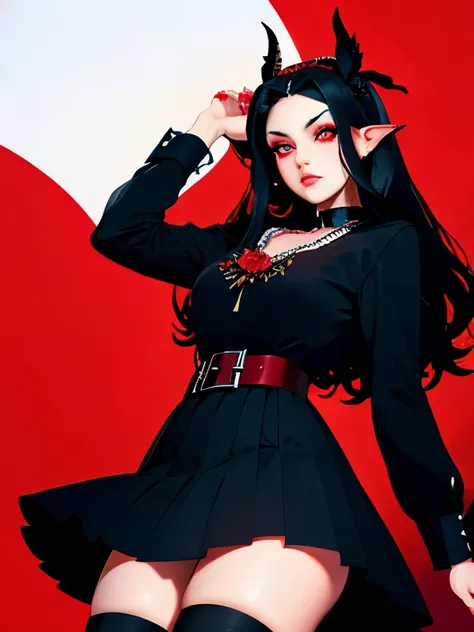 Expressionless,,(Dark Fantasy),((Wonderful Illustration)),(Detail Splash), long black hair, red pupils, girl, pure black dress, only the collar, cuffs and skirt are dark red, ears Pinned to the side is a red butterfly barrette, masterpiece, best quality, h...