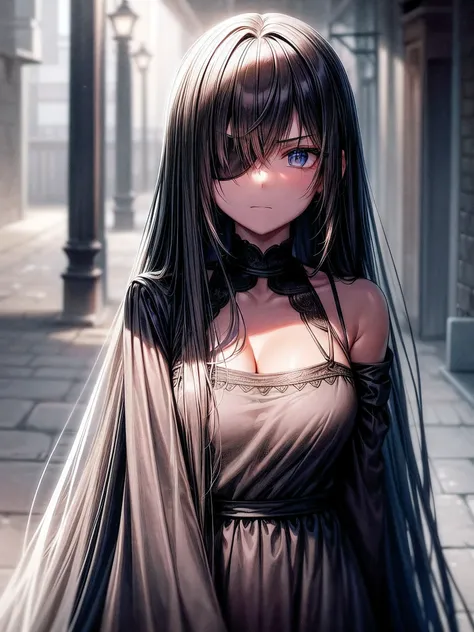 A darkened alleyway at dusk, a lone figure illuminated by flickering streetlights. A young woman, her features etched in anger, stands with feet shoulder-width apart and arms crossed over her chest. Her right eye is obscured by an eye patch, while her left...