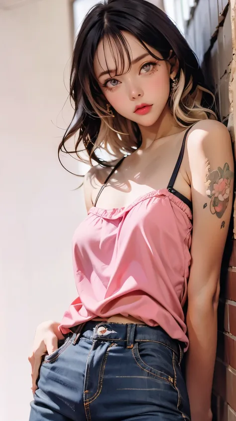 Thin-strap camisole, hot pants, pink thin clothes, slimming look, short curly black hair, detailed eyes, detailed face, detailed skin, sidelong glance, narrow eyes, gentle expression, casual background, mole under eye,