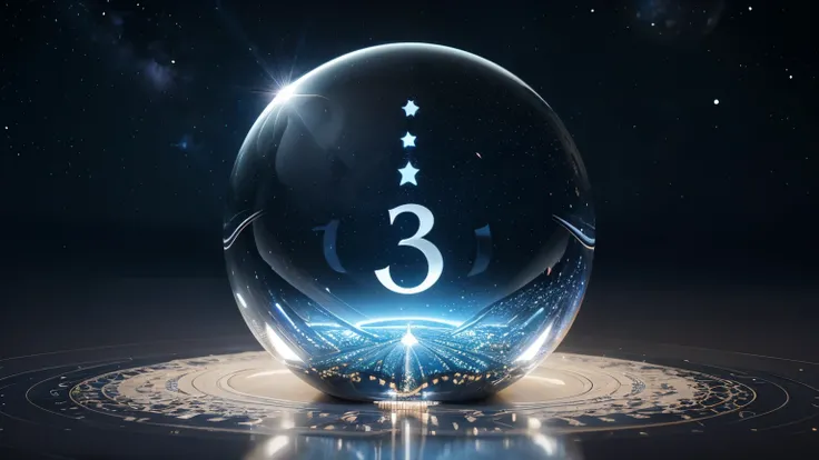 Image of Arabic numerals in a glass ball reflected in a starry sky, Shooting star in a ball, Surreal digital art, Surrealism 8k, Surreal digital art, Surrealism art, Surreal 3D rendering, 3d rendering digital art, Mark Adams, Surreal concept art, 3D render...