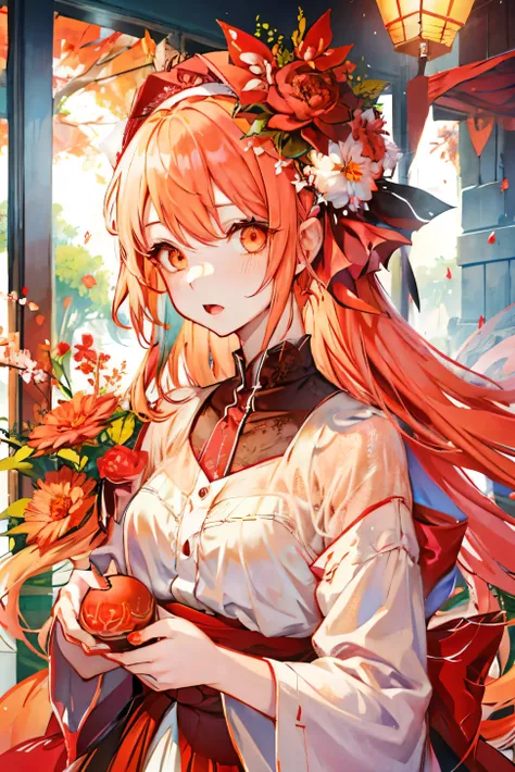 anime、One Girl、cute、Red with white in a mesh, turning orange towards the ends、camellia、View from the front、There are no ornaments on the head