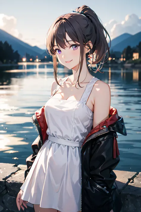 One girl, White off-the-shoulder dress,ponytail ,Gray Hair, Purple eyes,smile, landscape, Depth of written boundary, evening, Particles of light, light, Side light, Open jacket, cloud