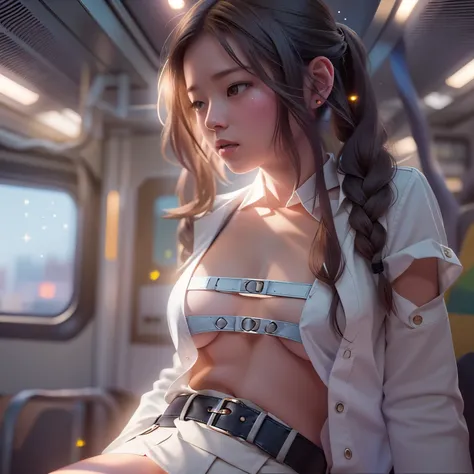 (((Misako Renbutsu)))Beautiful Young Female with ((Twin Braids) covering Bust) (Flashing Crotch) on ((Dusk Train)), (extremely delicate and beautiful) Detailed Closing Texture, Professional portrait of SemiNude photography, (((Unbuttoned WhiteShirt with be...