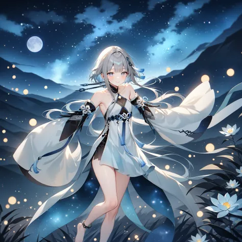 score_9, score_8_up, score_7_up, score_6_up,1girl, guizhong_(genshin_impact),(grey hair),short_hair_with_long_locks in front and low ponytail in back,gradient_hair,(pale grey eyes with seafoam gradient),starry_sky_print,detached_sleeves white outside blue ...