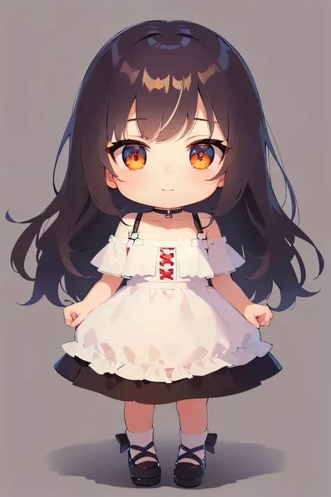 white background, chibi、full body, (A 25-year-old woman with medium-length hair and bangs) and (wavy hair) and (brown hair) and (orange eyes) , (white) and (off shoulder dress) 、smile, Alone、Are standing