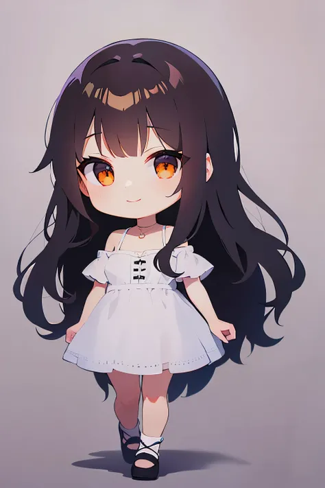 white background, chibi、full body, (A 25-year-old woman with medium-length hair and bangs) and (wavy hair) and (brown hair) and (orange eyes) , (white) and (off shoulder dress) 、smile, Alone、Are standing