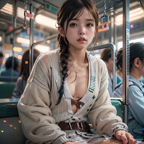 (((Misako Renbutsu)))Beautiful Young Female with ((Twin Braids) covering Bust) (Flashing Crotch) on ((Dusk Train)), (extremely delicate and beautiful) Detailed Closing Texture, Professional portrait of SemiNude photography, (((Unbuttoned cardigan with belt...