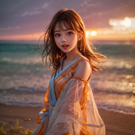 VolumetricLighting (Acutance:0.85), (Masterpiece of 8K UltraDetailed(ProfessionalPhoto:1.37)), Tiny KAWAII Girl Stroll the Sea wearing tube-top dress EveningBeach colorful sky (Orange rays illuminating face, close-up:1.4) (Kissing to Camera), Gust of wind ...