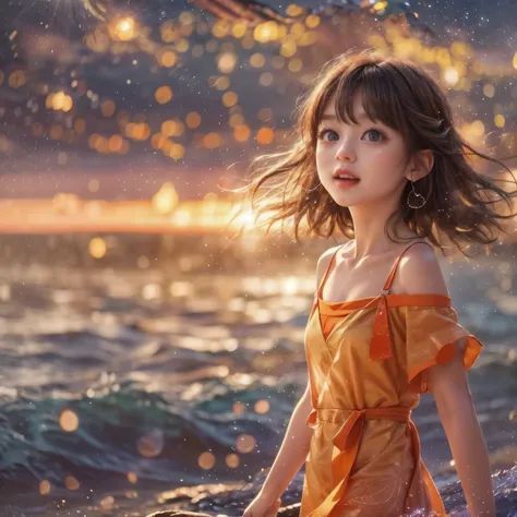 VolumetricLighting (Acutance:0.85), (Masterpiece of 8K UltraDetailed(ProfessionalPhoto:1.37)), Tiny KAWAII Girl Stroll the Sea wearing tube-top dress EveningBeach colorful sky (Orange rays illuminating face, close-up:1.4) (Kissing to Camera), Gust of wind ...