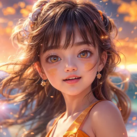 VolumetricLighting (Acutance:0.85), (Masterpiece of 8K UltraDetailed(ProfessionalPhoto:1.37)), Tiny KAWAII Girl Stroll the Sea wearing tube-top dress EveningBeach colorful sky (Orange rays illuminating face, close-up:1.4) (Kissing to Camera), Gust of wind ...