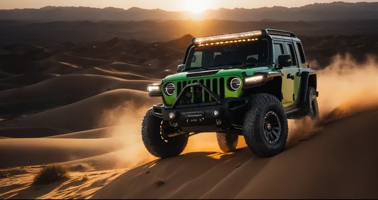 Off-road vehicle photos，An off-road vehicle，Car side，amazing，Driving in the desert，Showing speed and passion，Green Photos，detail强化，blur background/Bokeh，Bright with natural light，Ray Tracing，Sunset天空，gravel，Hills，sand，Sunset，Highly detailed environments，Lo...