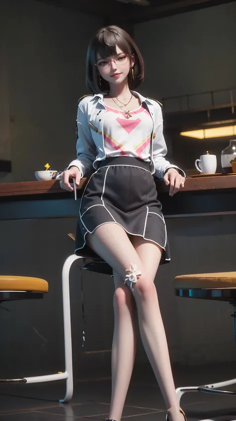 ((Shot in the knee)), ((From below)),A young girl, Wearing a skirt，At the bar, sit on the chair, Cross your legs, Posing elegantly, Detailed scenario, Messy long hair, Blush Blush, Beautiful slender legs, (Very high color saturation), details, Ultra Detail...