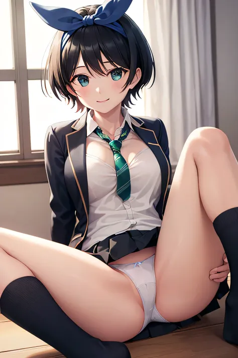 masterpiece, best quality,high resolution、realistic、Detailed、((extremely delicate and beautiful fabric):1.3)、 8k、large boob、 1girl, solo, skirt, jacket, shirt, blue eyes, white blouse, necktie, green necktie, black hair, pleated skirt, socks, diagonal-stri...