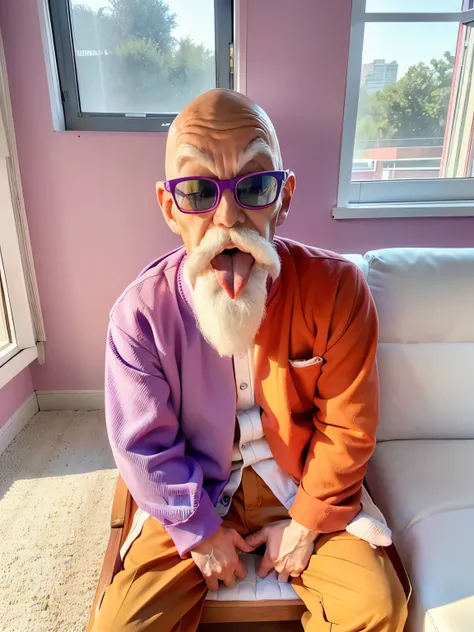 (masterpiece:1.2, best quality:1.2), ((1old man)), professional lightings, cinematic lightings, 8k wallpaper, ultra realistic portrait of Roshi, dragonball, Muten Roshi_dbz, ((indoors, living room, visible oceans via window, house plant, wooden floor, low ...