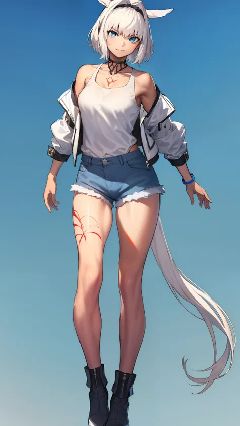 caenis,( fgo stage 3), 1girl, smile, short hair, white hair, bangs, red eyes, animal ears,
break (white tank top with holographi...