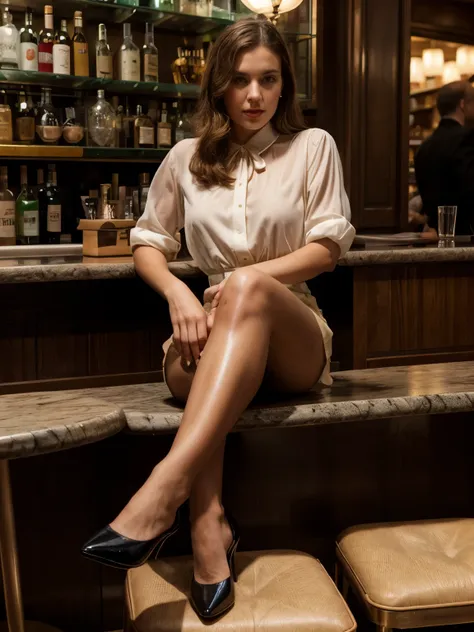 woman sitting ontop a  barcounter in a crowded by truckers small vintage 1930s bdsm- bar in ny only wearing a transparent blouse...