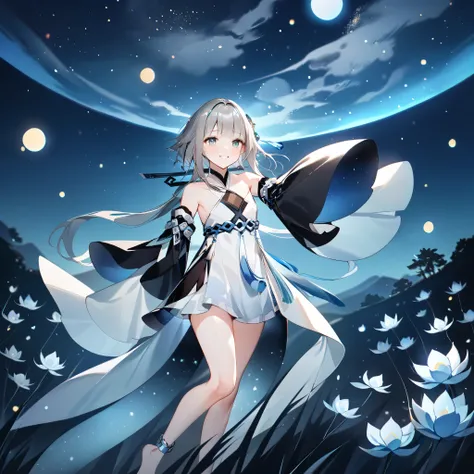 score_9, score_8_up, score_7_up, score_6_up,1girl, guizhong_(genshin_impact),(grey hair),short_hair_with_long_locks in front and low ponytail in back,gradient_hair,(pale grey eyes with seafoam gradient),starry_sky_print,detached_sleeves white outside blue ...