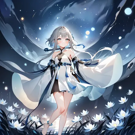 score_9, score_8_up, score_7_up, score_6_up,1girl, guizhong_(genshin_impact),(grey hair),short_hair_with_long_locks in front and low ponytail in back,gradient_hair,(pale grey eyes with seafoam gradient),starry_sky_print,detached_sleeves white outside blue ...