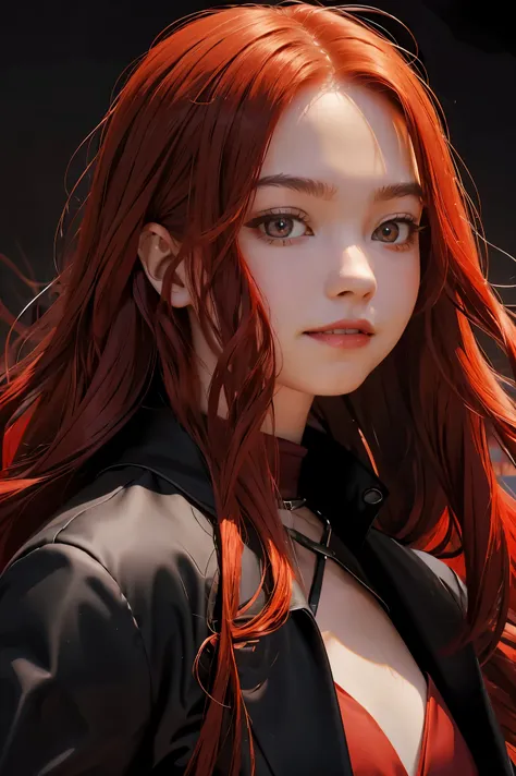masterpiece, best quality, high res, 1girl, solo, modern vampire, red hair, long hair, open hair, red eyes, evil smile, fangs, vampires with red hair, red and black outfit, scary background