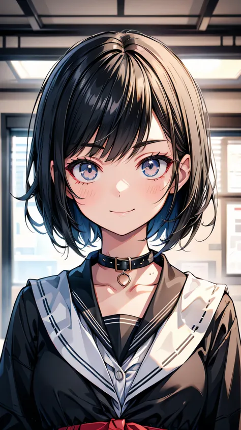 high school student　adult women　short hair　black hair　tall　narrow eyes　smile　glare　frivolous attitude　country-style black sailor...