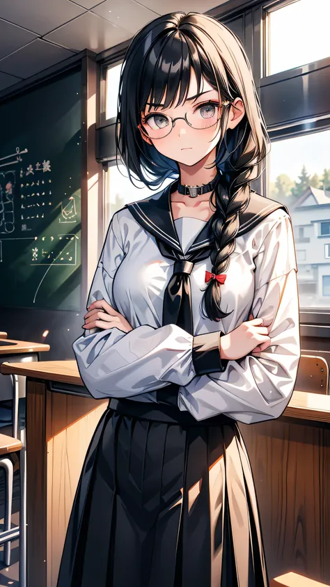 high school student Mature Braid on right shoulder Black Hair tall Narrow eyes Glasses Expressionless Glare frivolous attitude Country-style black sailor suit Nagoya collar Long skirt stand Cross your arms Rural classroom