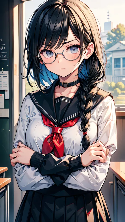 high school student mature Braid on right shoulder Black Hair expensive Narrow eyes Glasses Expressionless Glare frivolous attitude Country-style black sailor suit Nagoya collar Arms crossed Rural classroom Close-up of face