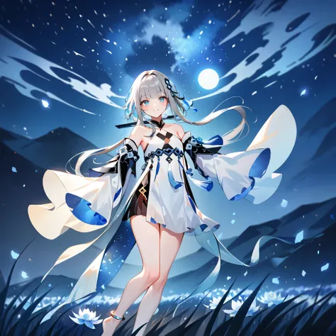 score_9, score_8_up, score_7_up, score_6_up,1girl, guizhong_(genshin_impact),(grey hair),short_hair_with_long_locks in front and low ponytail in back,gradient_hair,(pale grey eyes with seafoam gradient),starry_sky_print,detached_sleeves white outside blue ...