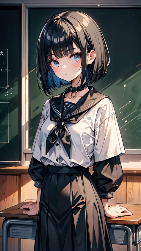 high school student Bobcut Black Hair tall Narrow eyes Expressionless Glare frivolous attitude Country-style black sailor suit Nagoya collar Long skirt stand Rural classroom