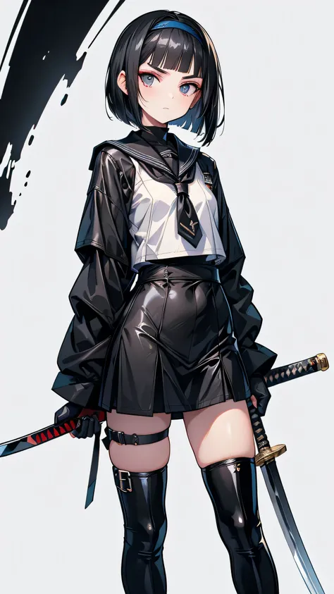 mature Bobcut Black Hair expensive Narrow eyes Glaring at me Glare frivolous attitude Black Sailor Suit Armor Wear a headband around your forehead tiny hand Hand guard gloves Black boots Holding a Japanese sword battlefield