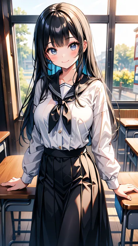 high school student Tying up long hair bangs Hime cut Black Hair A big smile Big Breasts Country-style black sailor suit Nagoya collar Long skirt Long skirt stand Rural classroom