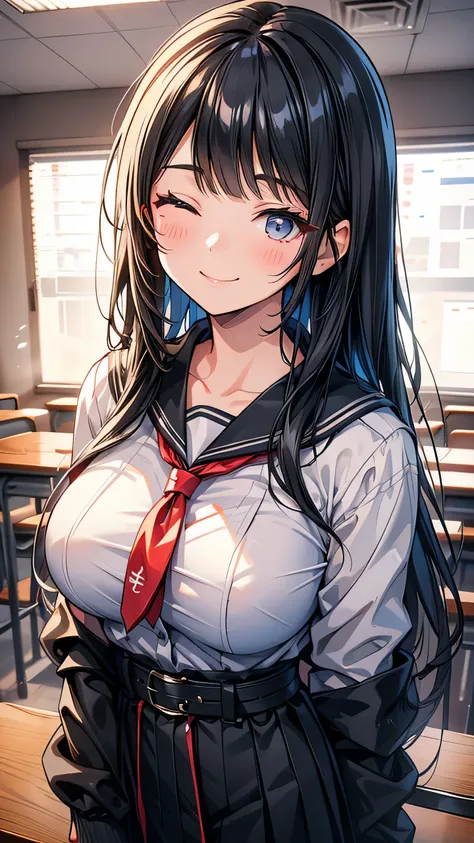 high school student Adult women Tying up long hair bangs Hime cut Black Hair smile Close your eyes Big Breasts Country-style black sailor suit Nagoya collar Rural classroom Close-up of face