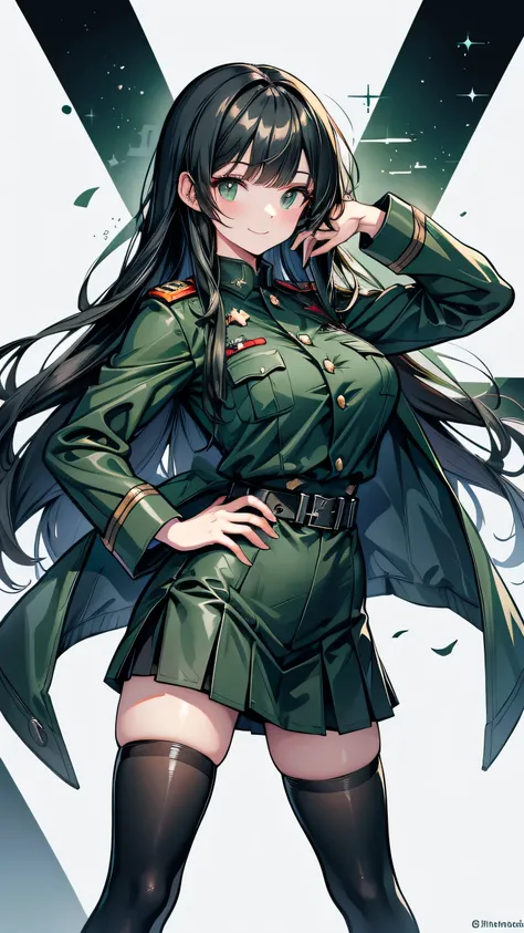 Adult female long hair bangs Hime cut Black Hair expensive smile Big Breasts Dark green German military uniform Tight Skirt spats Hold the sword at your waist battlefield