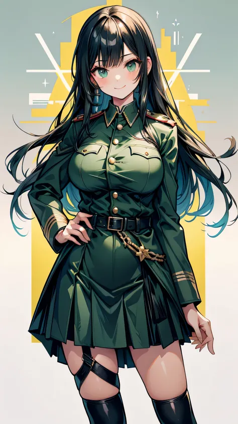 Adult female long hair bangs Hime cut Black Hair expensive smile Big Breasts Dark green German military uniform Tight Skirt spats Hold the sword at your waist battlefield